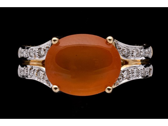 14k Contemporary Oval Cabachon Yellow-Orange Aventurine And Diamond Ring, Size 7