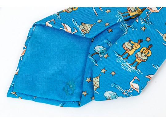 Lot Of Two Assorted Silk Neckties By Hermes, Blue And Yellow Gold Tones