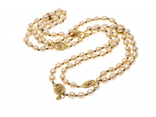 Chanel Faux Pearl And Strung Eternity Necklace With Logo Beads