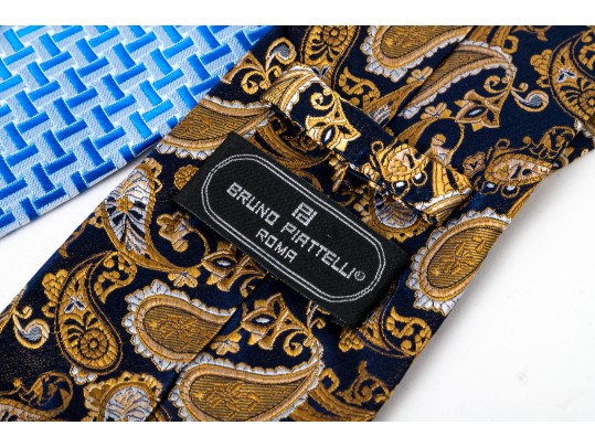 Lot Of Eight Neckties, Assorted Makers, Predominantly Blue Tones