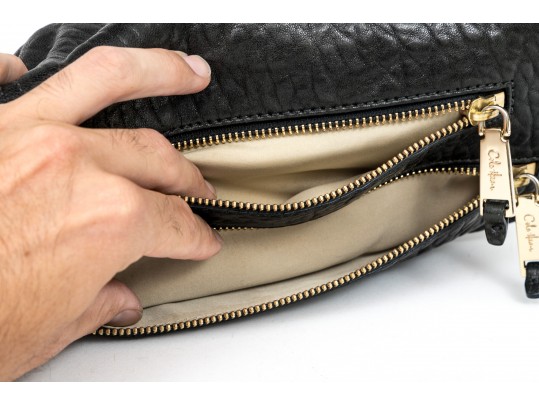 Cole Haan Pebbled Black Leather Flap Bag, Zip Pockets