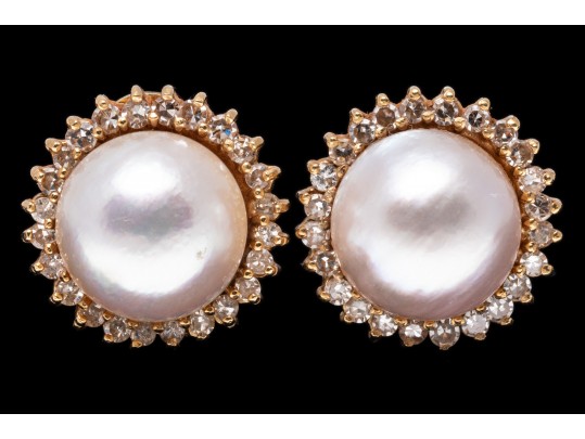 14k Yellow Gold Classic Cultured Mabe Pearl And Diamond Earrings, App. 0.72 TCW