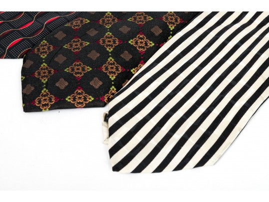 Lot Of Seven 100% Silk Neckties, Assorted Makers, Predominantly Black Tones