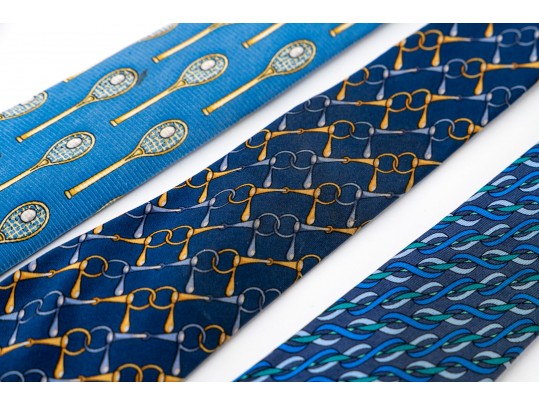 Lot Of Three Assorted Silk Neckties, Chanel And Gucci, Blue Tones