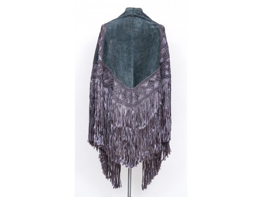 Lovely Grey Suede And Woven Large Triangular Shawl, Fringed, OSFA