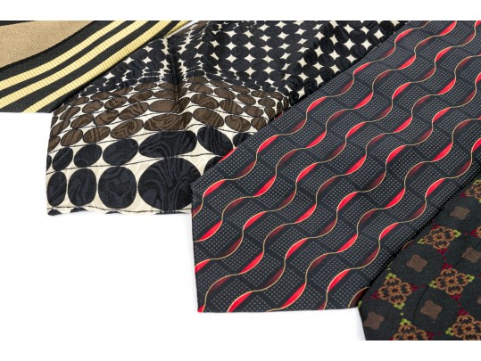Lot Of Seven 100% Silk Neckties, Assorted Makers, Predominantly Black Tones