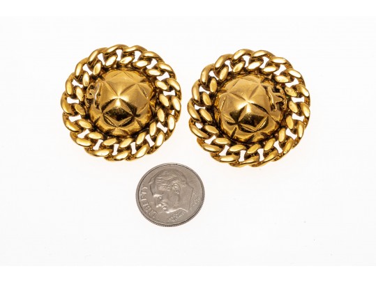 Chanel, France Round Quilted And Chain Motif Gold Tone Costume Earrings