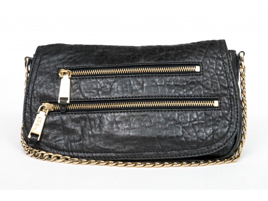 Cole Haan Pebbled Black Leather Flap Bag, Zip Pockets