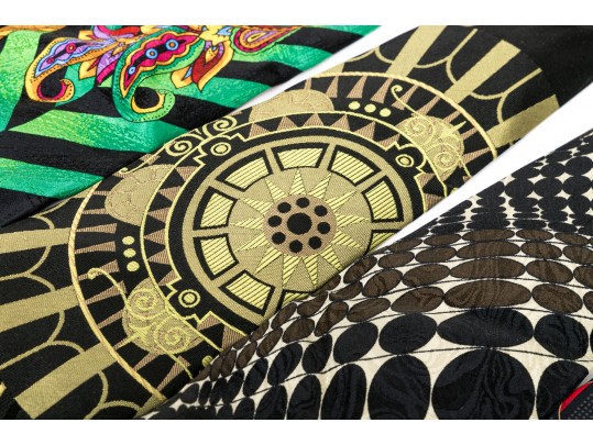 Lot Of Seven 100% Silk Neckties, Assorted Makers, Predominantly Black Tones