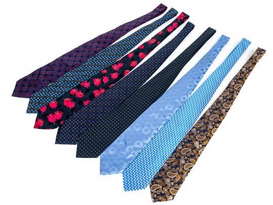 Lot Of Eight Neckties, Assorted Makers, Predominantly Blue Tones