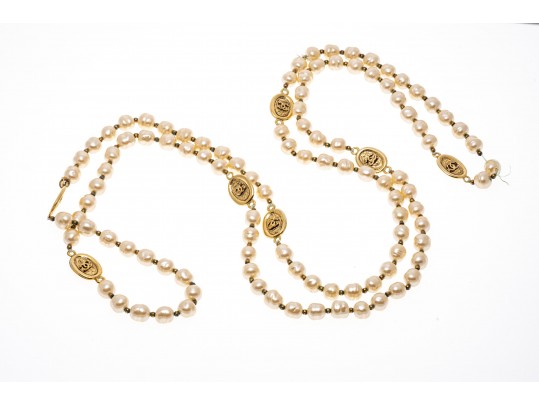 Chanel Faux Pearl And Strung Eternity Necklace With Logo Beads