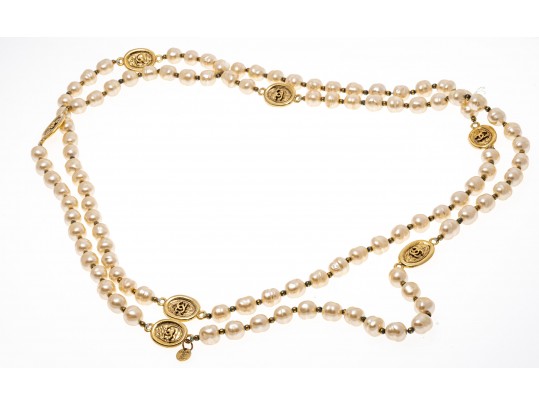 Chanel Faux Pearl And Strung Eternity Necklace With Logo Beads