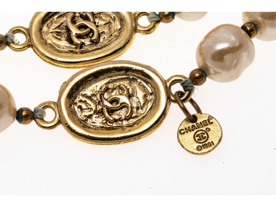 Chanel Faux Pearl And Strung Eternity Necklace With Logo Beads