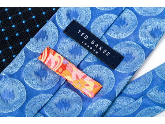 Lot Of Eight Neckties, Assorted Makers, Predominantly Blue Tones