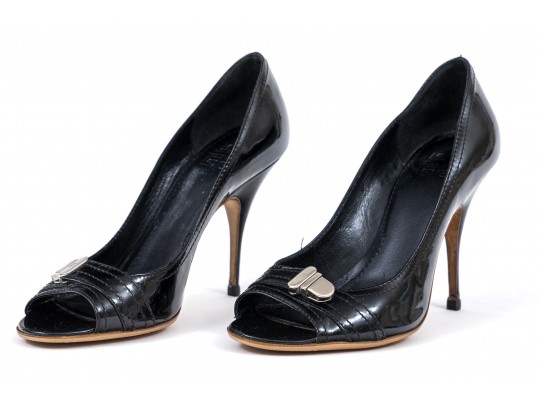 Givenchy Wonderful Black Patent Leather Peep Toe Stiletto Pumps, Size 37 1/2