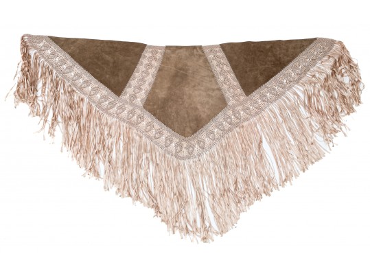 Pretty Beige Suede And Woven Large Triangular Shawl, Fringed, OSFA