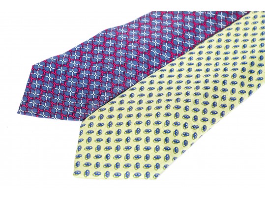 Lot Of Two Assorted Hermes Silk Neckties, Green And Grey Purple Tones