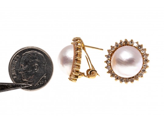 14k Yellow Gold Classic Cultured Mabe Pearl And Diamond Earrings, App. 0.72 TCW