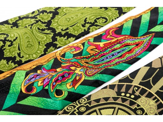 Lot Of Seven 100% Silk Neckties, Assorted Makers, Predominantly Black Tones