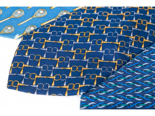 Lot Of Three Assorted Silk Neckties, Chanel And Gucci, Blue Tones