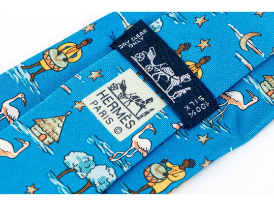 Lot Of Two Assorted Silk Neckties By Hermes, Blue And Yellow Gold Tones