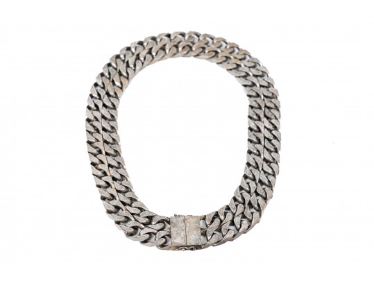 Saint Laurent, Paris Edgy Wide Two Row Steel Curb Link Chain With A Patinated Finish