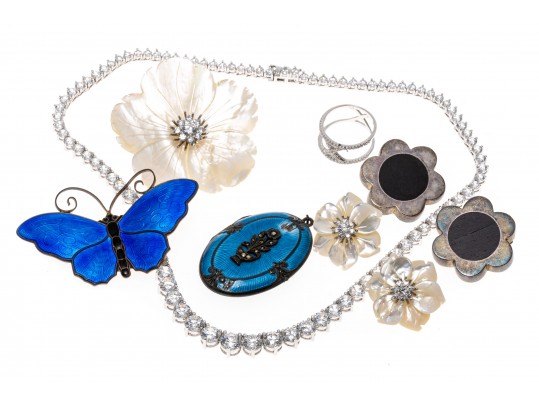 Group Of Sterling Silver Jewelry, Necklace, Brooches, Earrings, Ring And Locket