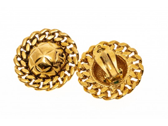 Chanel, France Round Quilted And Chain Motif Gold Tone Costume Earrings