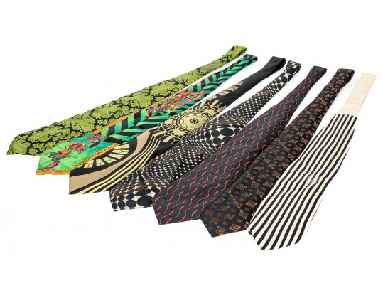 Lot Of Seven 100% Silk Neckties, Assorted Makers, Predominantly Black Tones