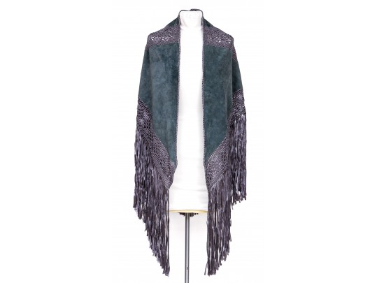 Lovely Grey Suede And Woven Large Triangular Shawl, Fringed, OSFA