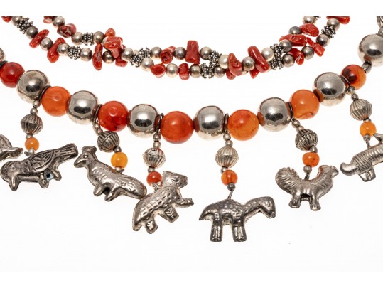 Carnelian And Coral Strung Beaded Necklaces