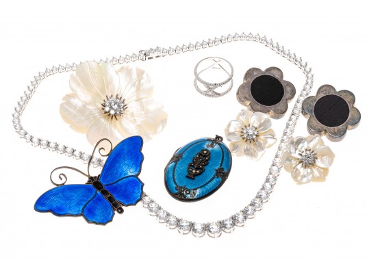 Group Of Sterling Silver Jewelry, Necklace, Brooches, Earrings, Ring And Locket