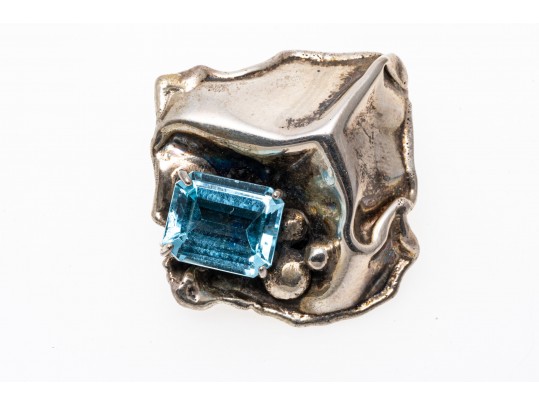 Sterling Cuff Bracelet And Clip Earrings With Abstract Grape Design And Topaz