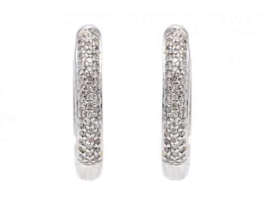 14k White Gold Beautiful Contemporary Pave Diamond Hoop Earrings, App. 0.41 TCW