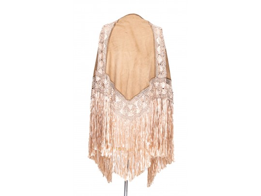 Pretty Beige Suede And Woven Large Triangular Shawl, Fringed, OSFA