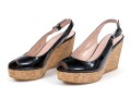 Stuart Weitzman Fun Black Patent Leather Peep Toe Cork Platform Wedges, Size 6 1/2