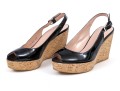 Stuart Weitzman Fun Black Patent Leather Peep Toe Cork Platform Wedges, Size 6 1/2