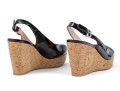 Stuart Weitzman Fun Black Patent Leather Peep Toe Cork Platform Wedges, Size 6 1/2