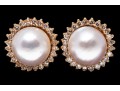 14k Yellow Gold Classic Cultured Mabe Pearl And Diamond Earrings, App. 0.72 TCW