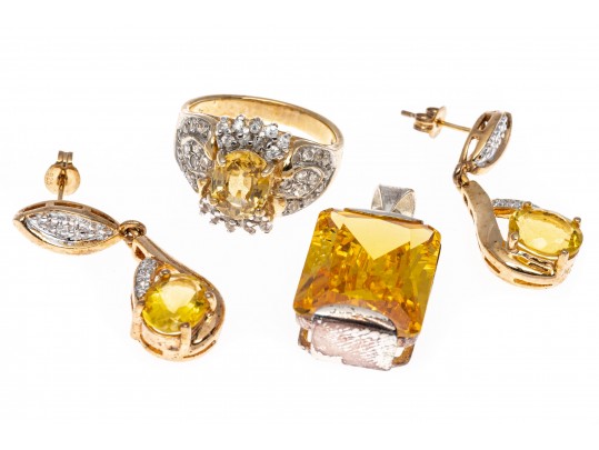 Sterling Vermeil Pendant, Earrings And Ring, Size 8.75