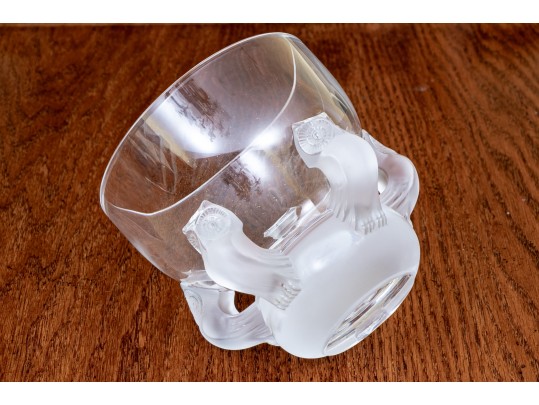 Elegant French, Lalique Footed Crystal Bowl With 5 Frosted Glass Owls 