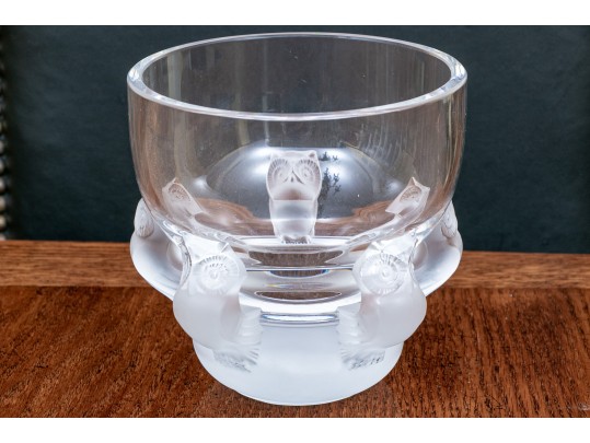 Elegant French, Lalique Footed Crystal Bowl With 5 Frosted Glass Owls 
