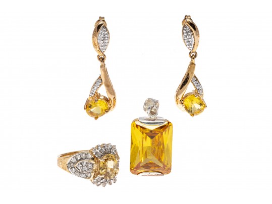 Sterling Vermeil Pendant, Earrings And Ring, Size 8.75