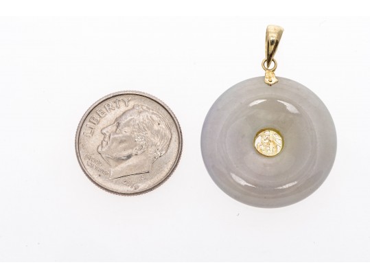14k Yellow Gold Graceful Mottled Pale Green And Pale Lavender-White Jadeite Jade Pi Disc Pendant