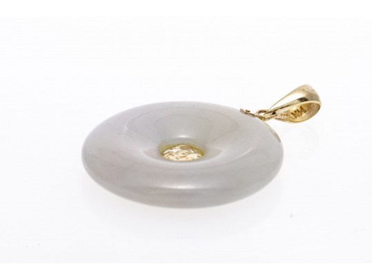 14k Yellow Gold Graceful Mottled Pale Green And Pale Lavender-White Jadeite Jade Pi Disc Pendant