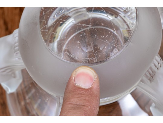 Elegant French, Lalique Footed Crystal Bowl With 5 Frosted Glass Owls 