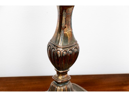 Pair Of Silverplate Candle Sticks And A Victorian Oak Tree Caddy Box
