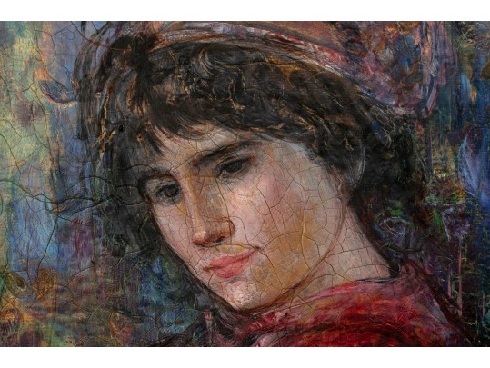 Edna Hibel (American, 1917 - 2014) Original Painting Of Woman With Flowers