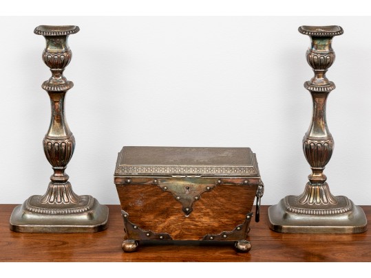 Pair Of Silverplate Candle Sticks And A Victorian Oak Tree Caddy Box