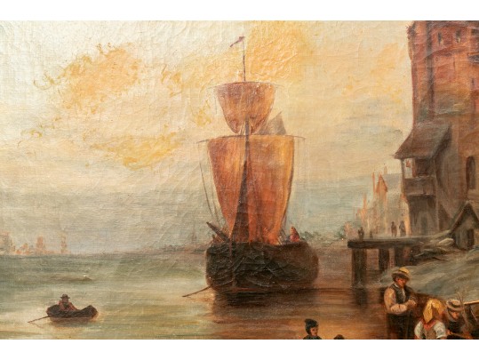 Edward William Cooke (English, 1811 - 1880), Oil On Canvas Town Harbor